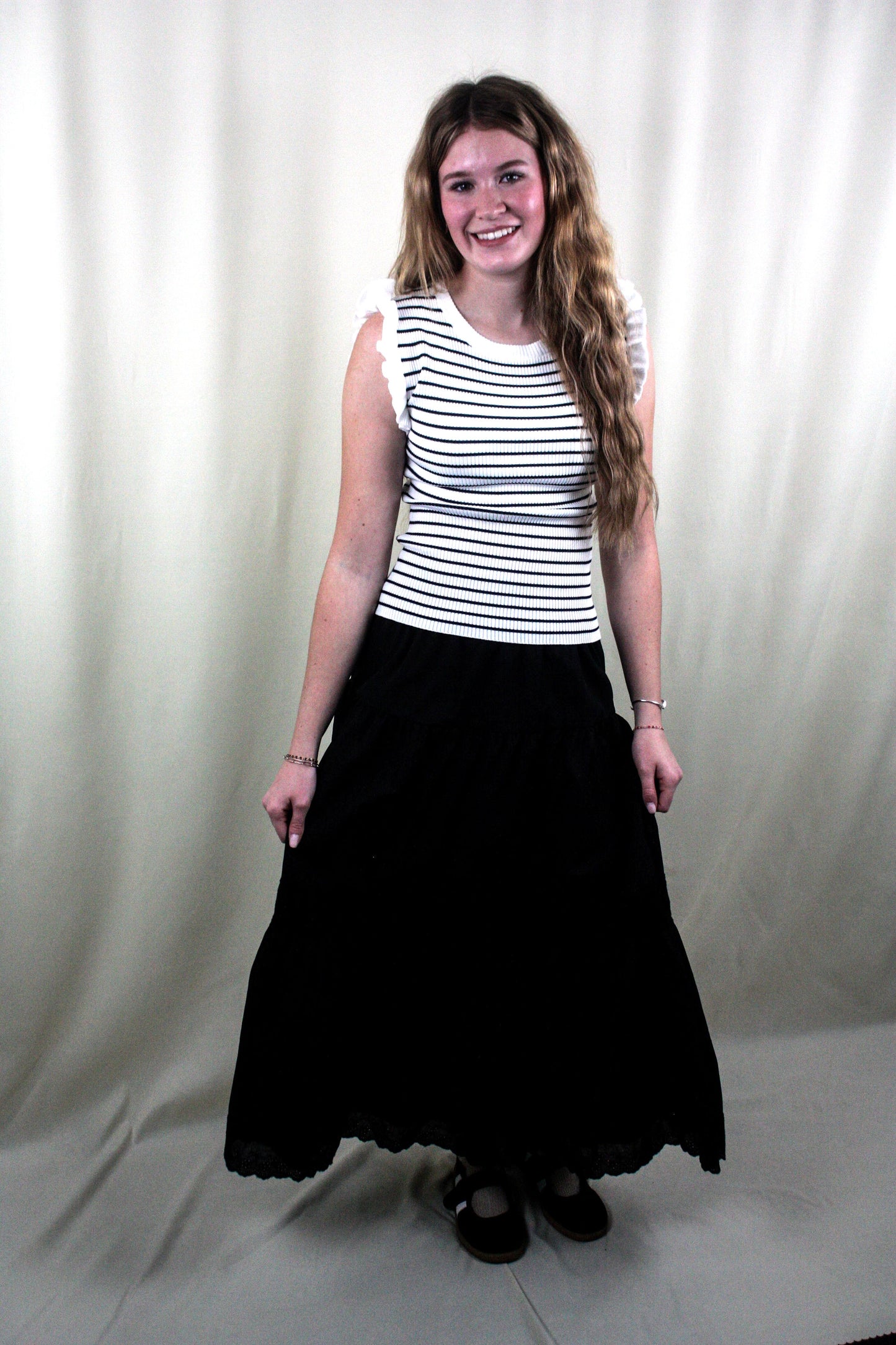Tiered Maxi Skirt with Lace Trim - Black