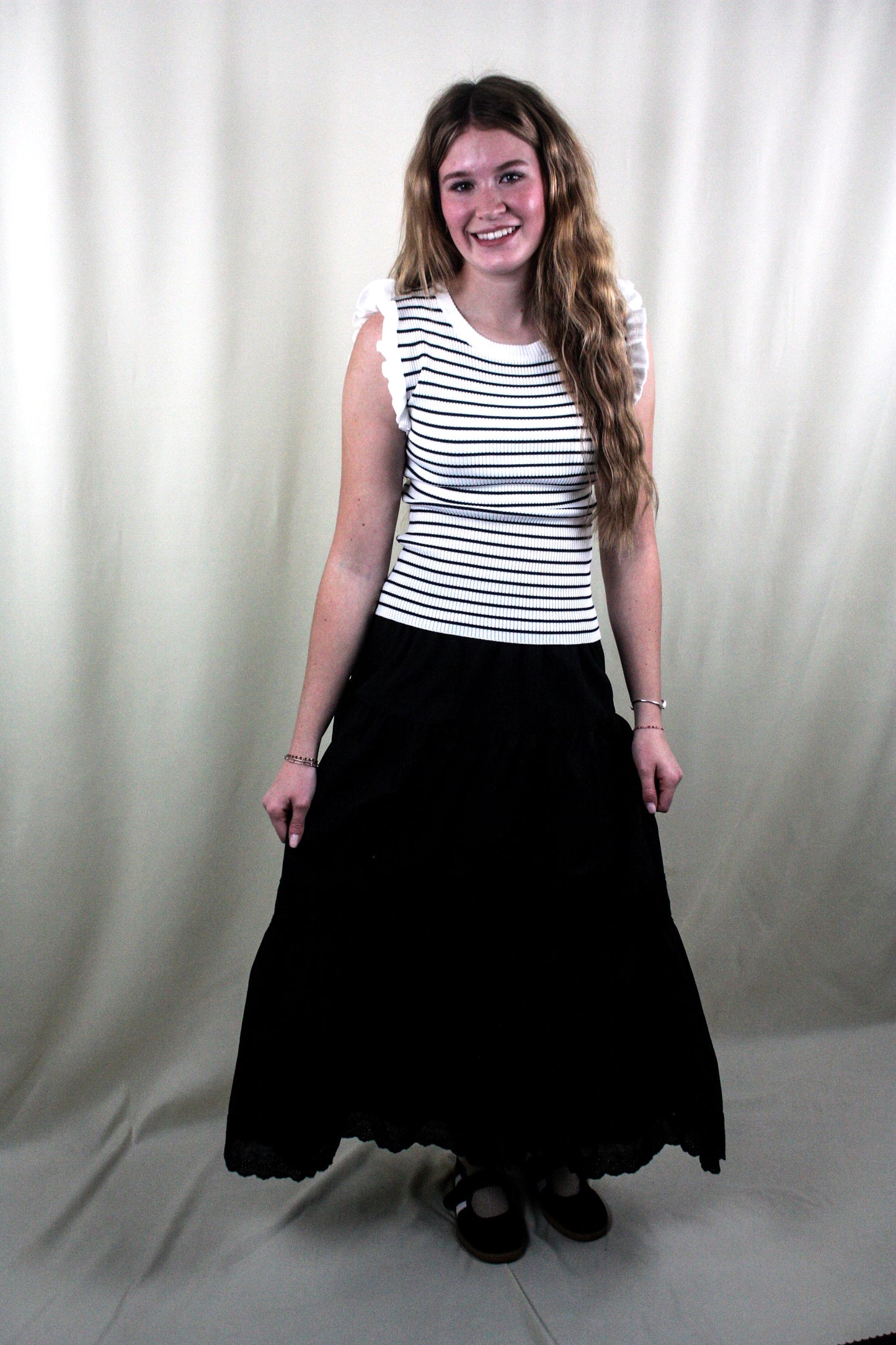 Striped Ruffle Trim Sleeveless Sweater - Ivory