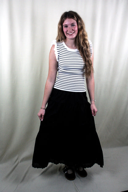 Striped Ruffle Trim Sleeveless Sweater - Ivory