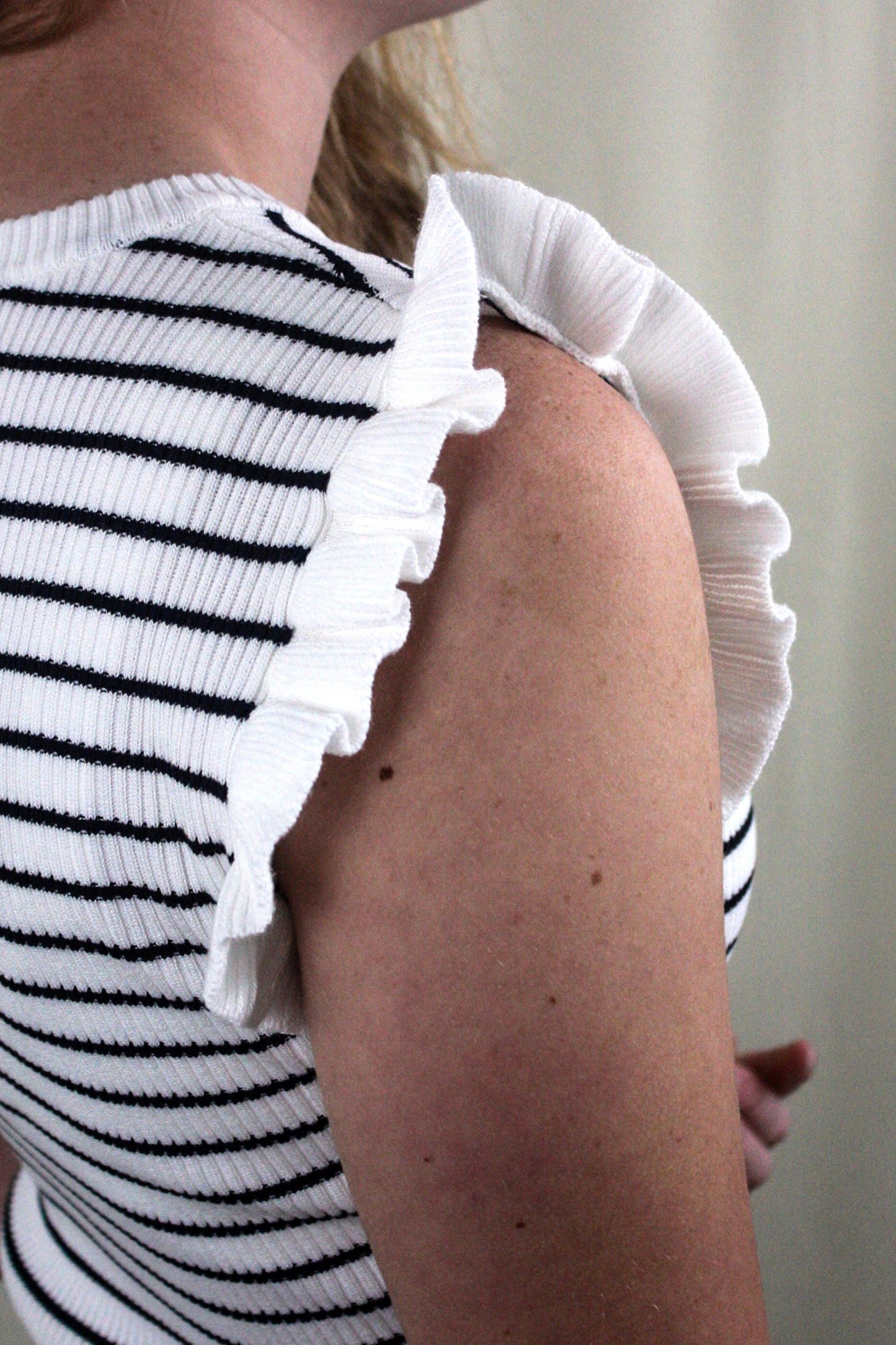 Striped Ruffle Trim Sleeveless Sweater - Ivory