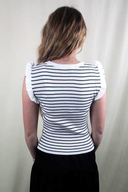 Striped Ruffle Trim Sleeveless Sweater - Ivory