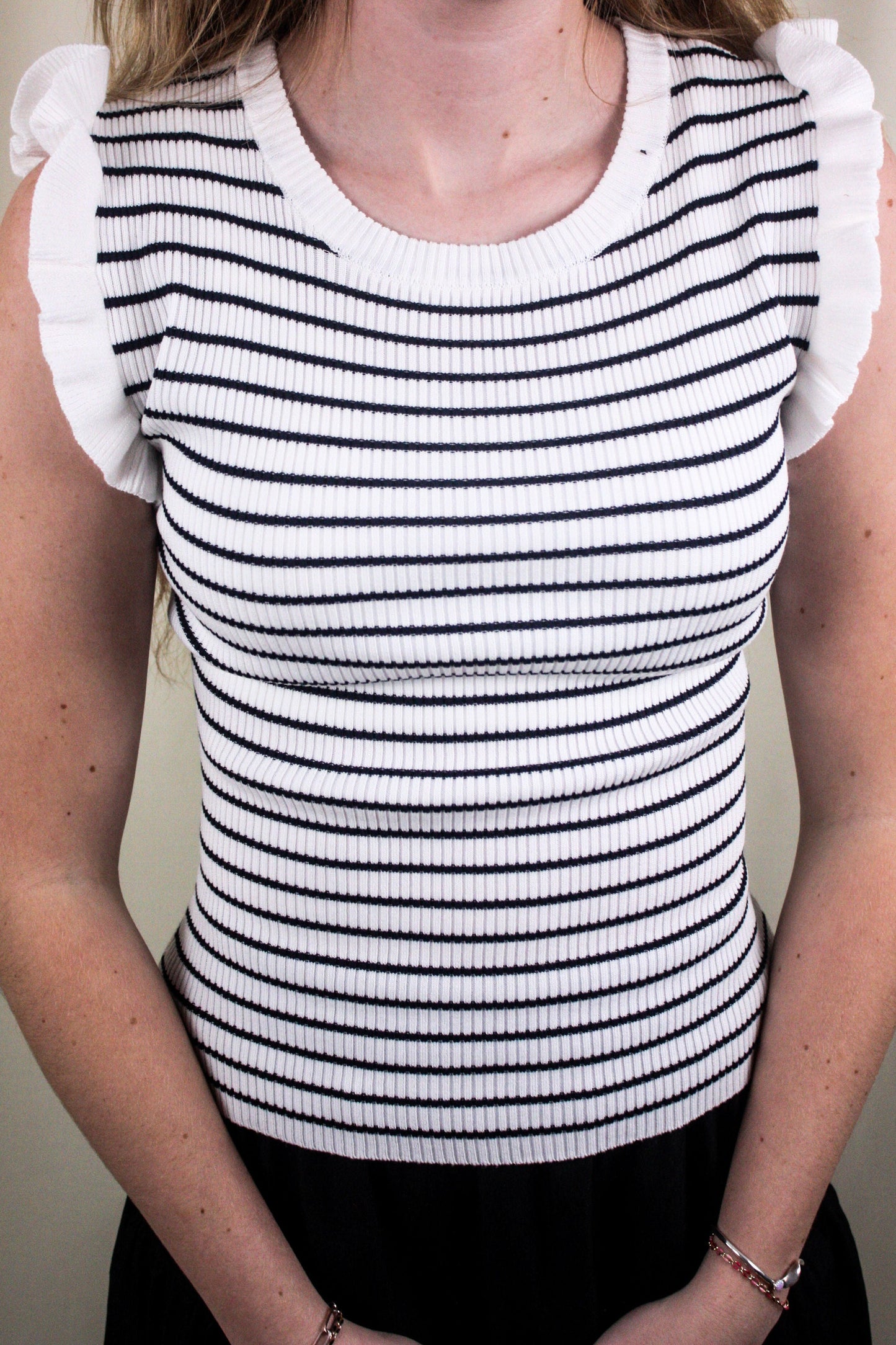 Striped Ruffle Trim Sleeveless Sweater - Ivory