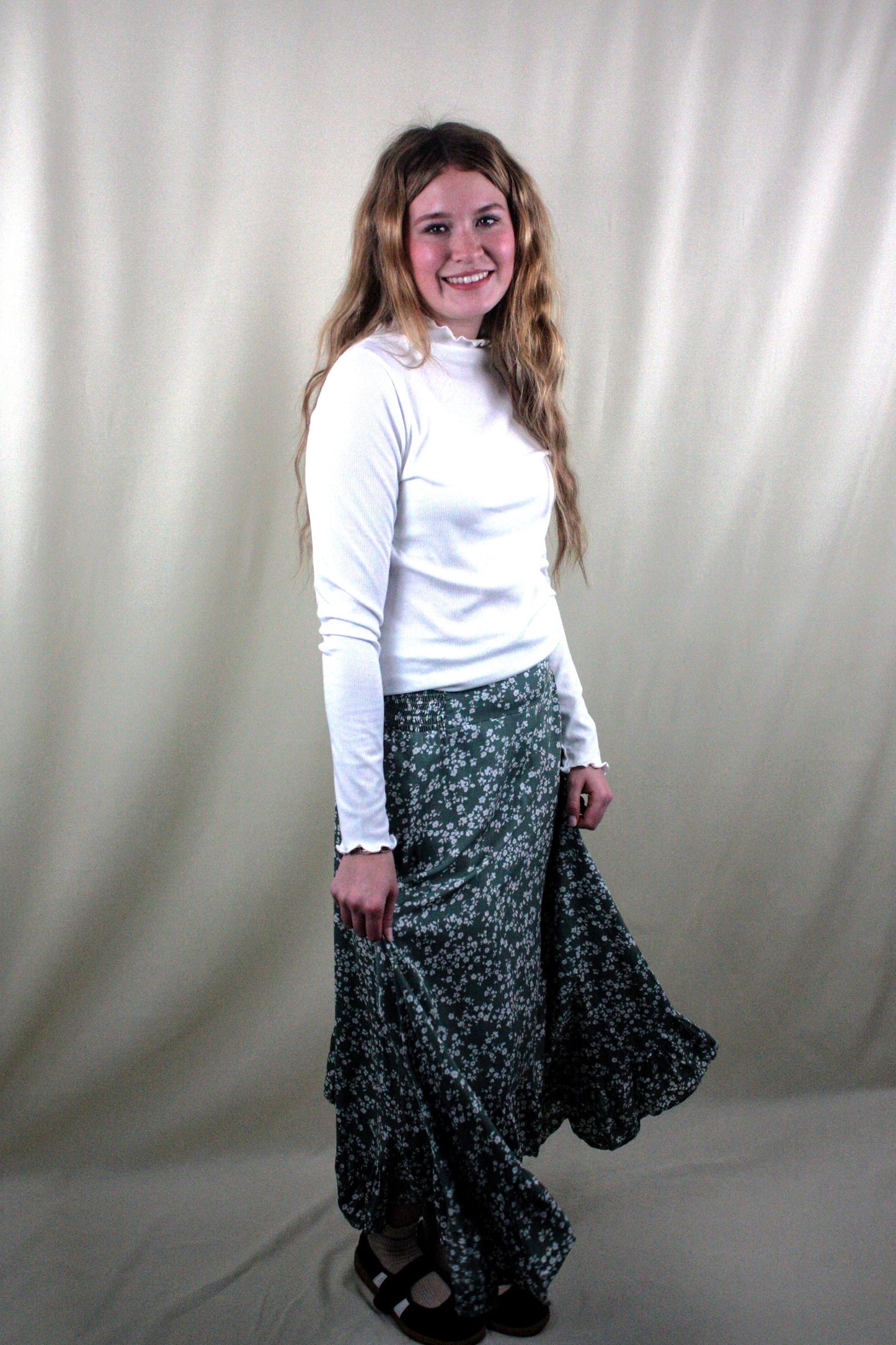 Floral Tie Midi Skirt - Green