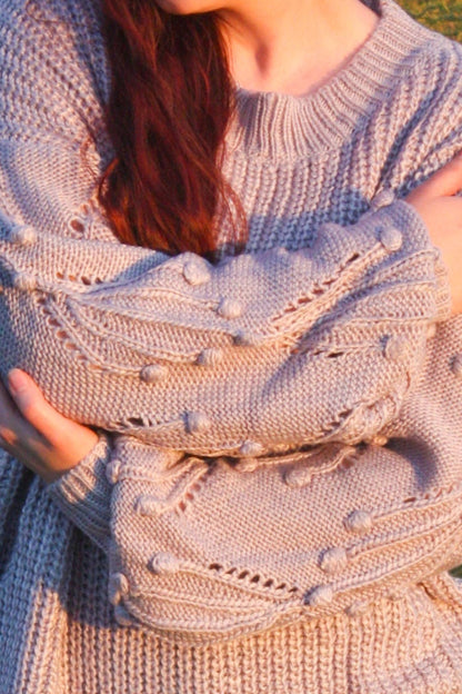 Knit Sweater with Pom Detail - Chambray