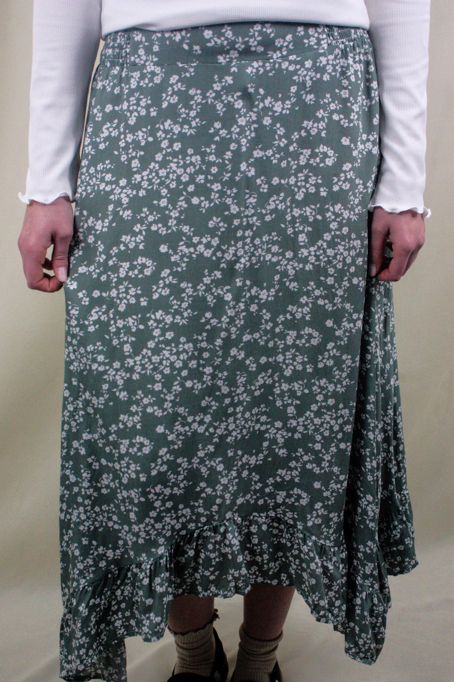 Floral Tie Midi Skirt - Green