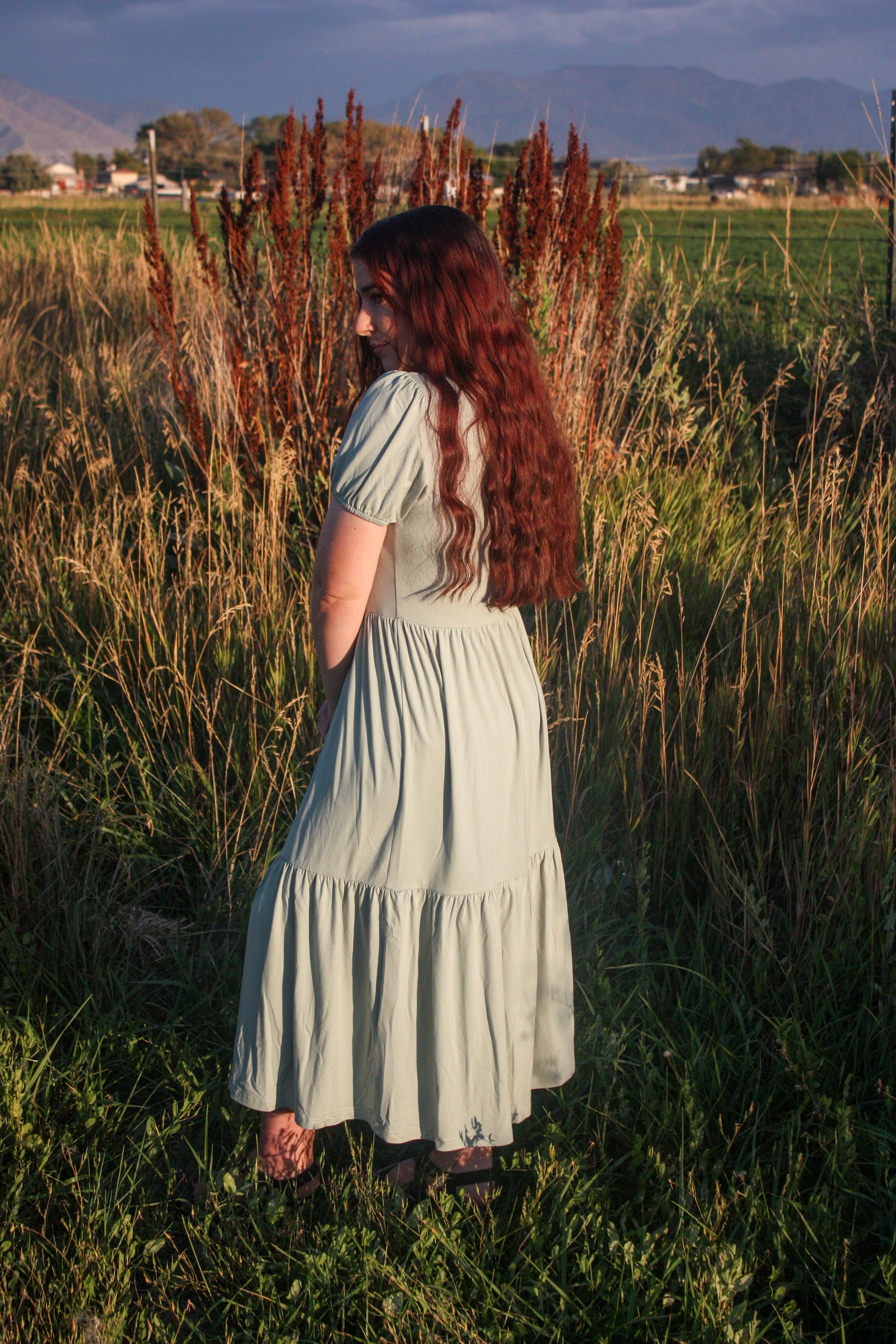 Woman in a light sage green dress standing in a field with mountains in the background showing a side view of the dress. The dress has puff sleeves, short in length. The dress is a midi dress that has tiers in the skirt.