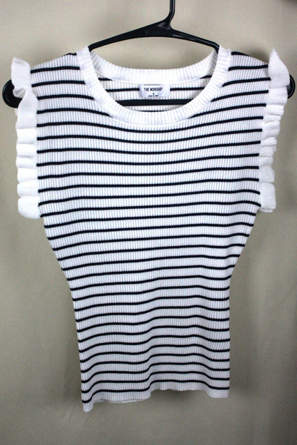 Striped Ruffle Trim Sleeveless Sweater - Ivory