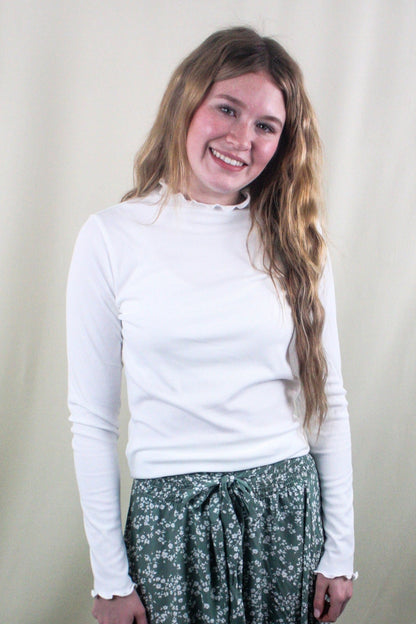 Mock Neck Merrow Detail Ribbed Long Sleeve Top - Cream