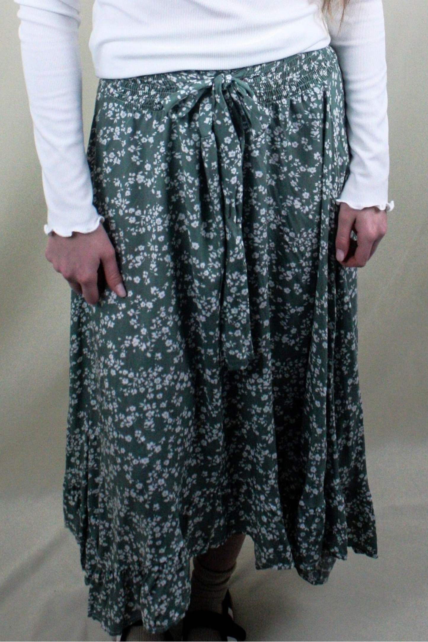 Floral Tie Midi Skirt - Green