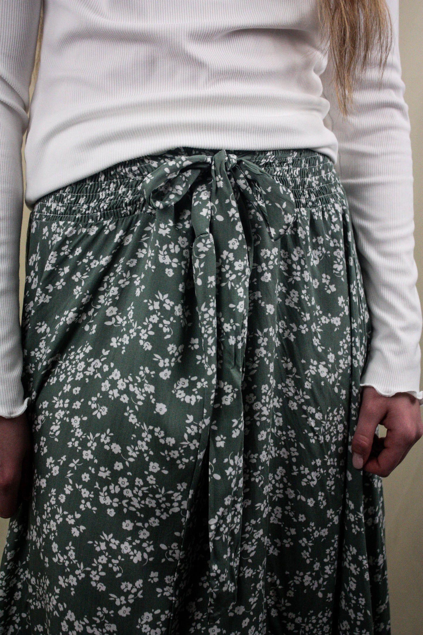 Floral Tie Midi Skirt - Green