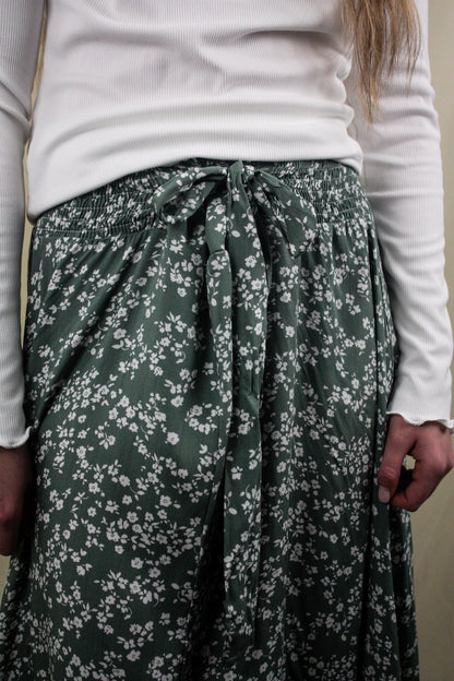 Floral Tie Midi Skirt - Green