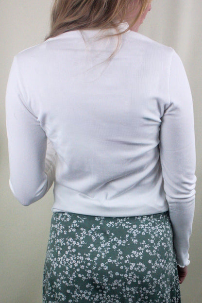 Mock Neck Merrow Detail Ribbed Long Sleeve Top - Cream