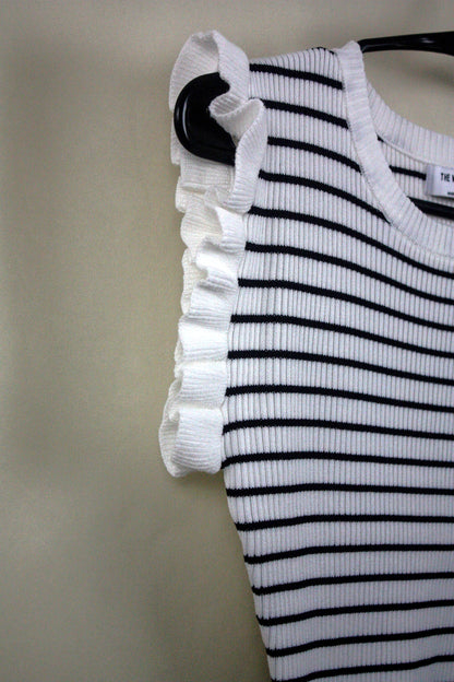 Striped Ruffle Trim Sleeveless Sweater - Ivory