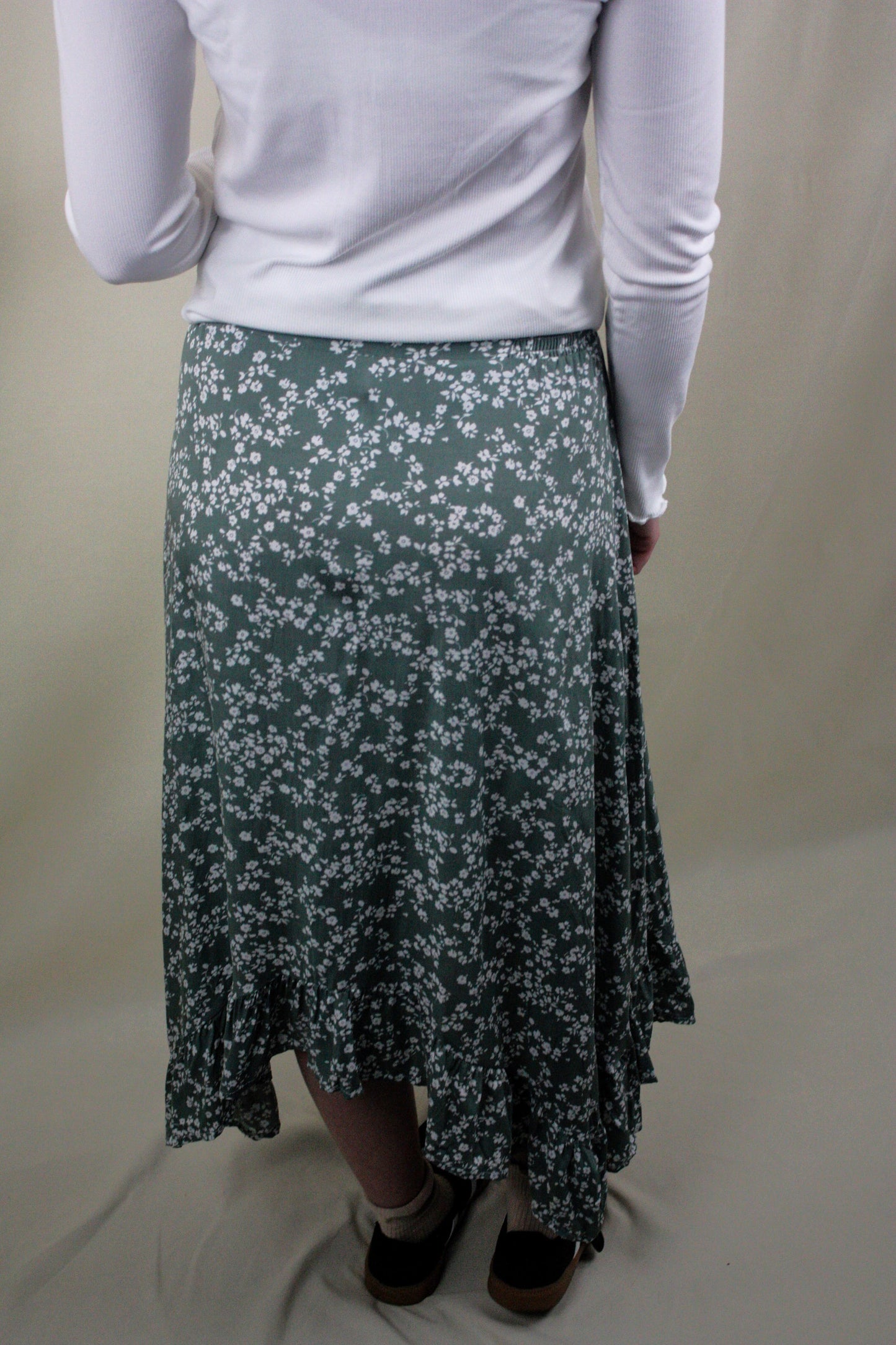 Floral Tie Midi Skirt - Green