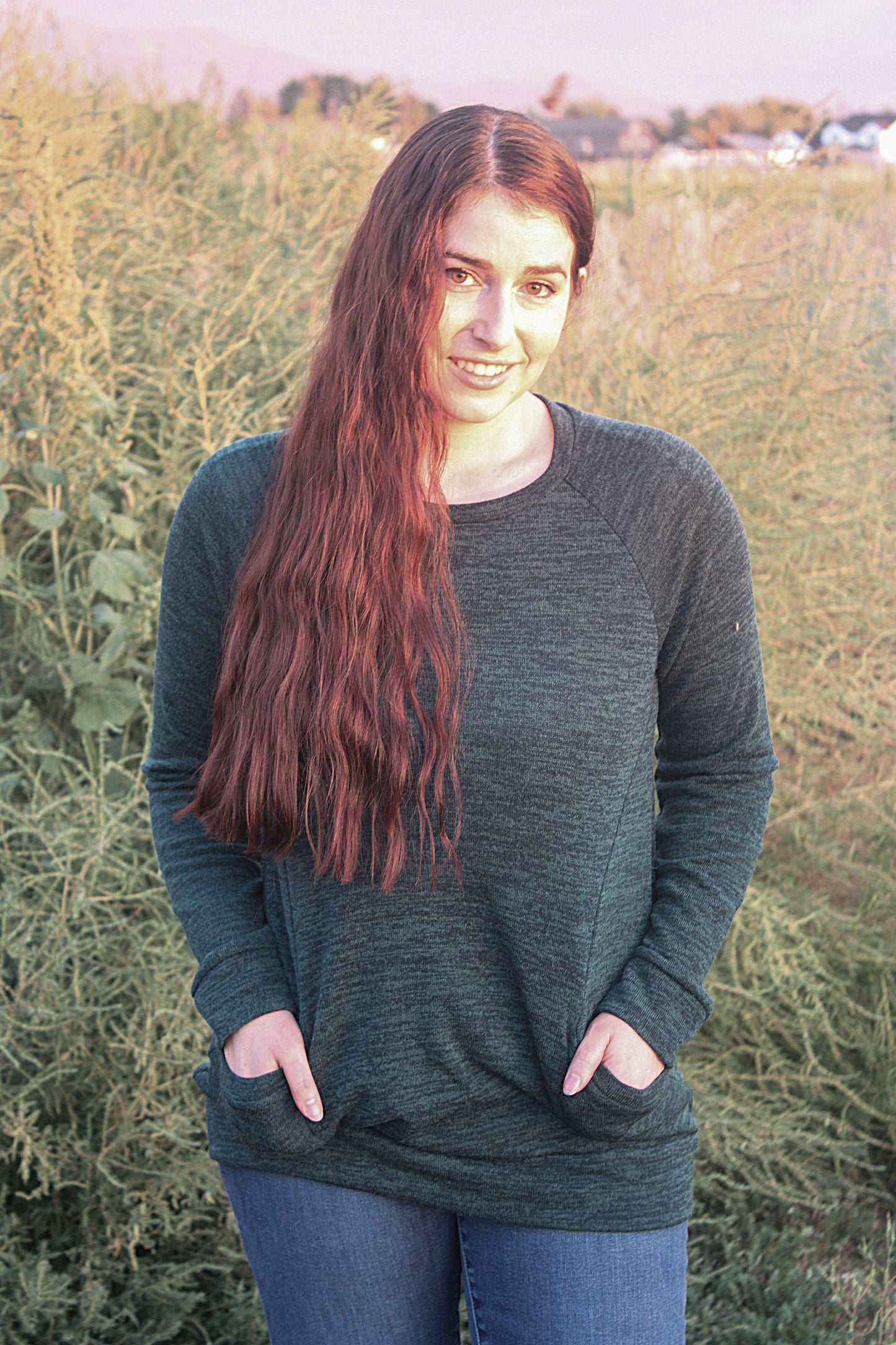 Front Pocket Long Sleeve Top - Hunter Green