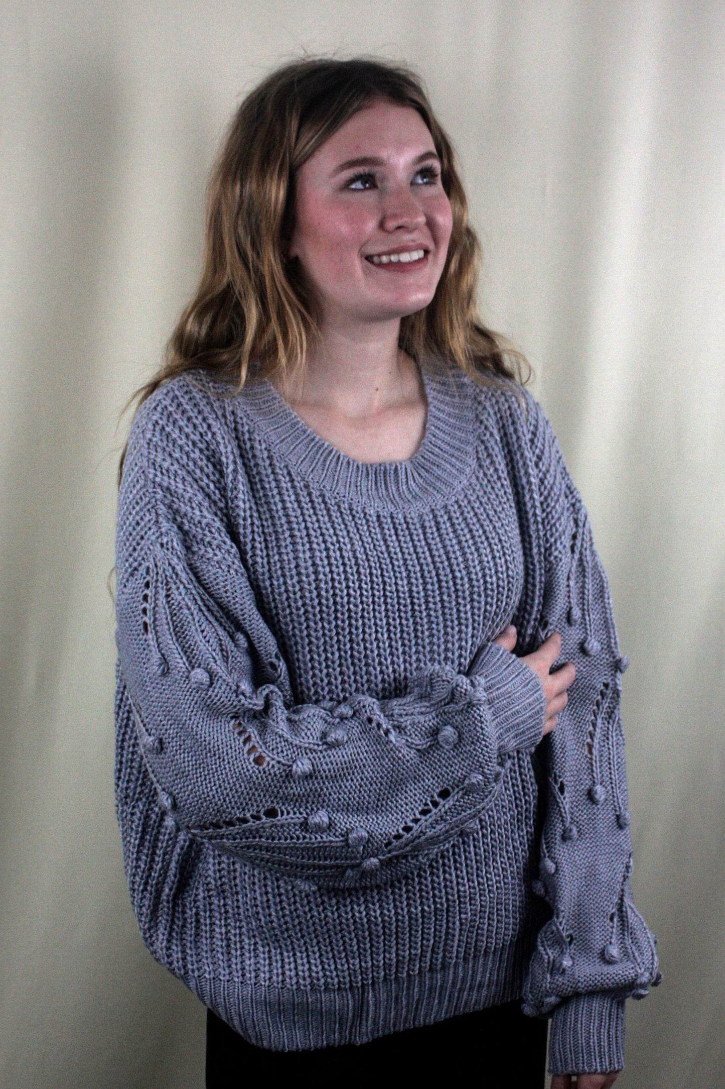 Knit Sweater with Pom Detail - Chambray