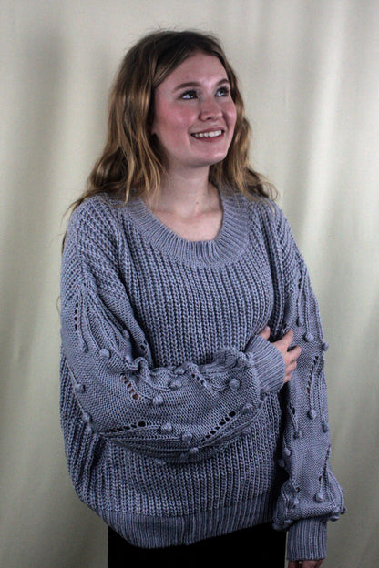 Knit Sweater with Pom Detail - Chambray
