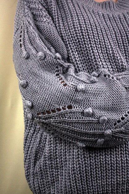 Knit Sweater with Pom Detail - Chambray