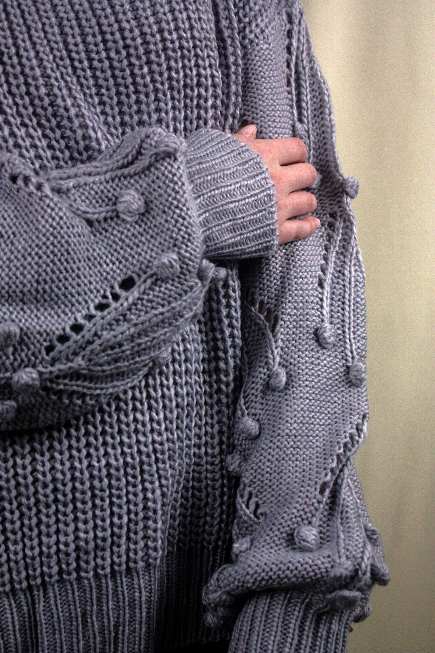Knit Sweater with Pom Detail - Chambray