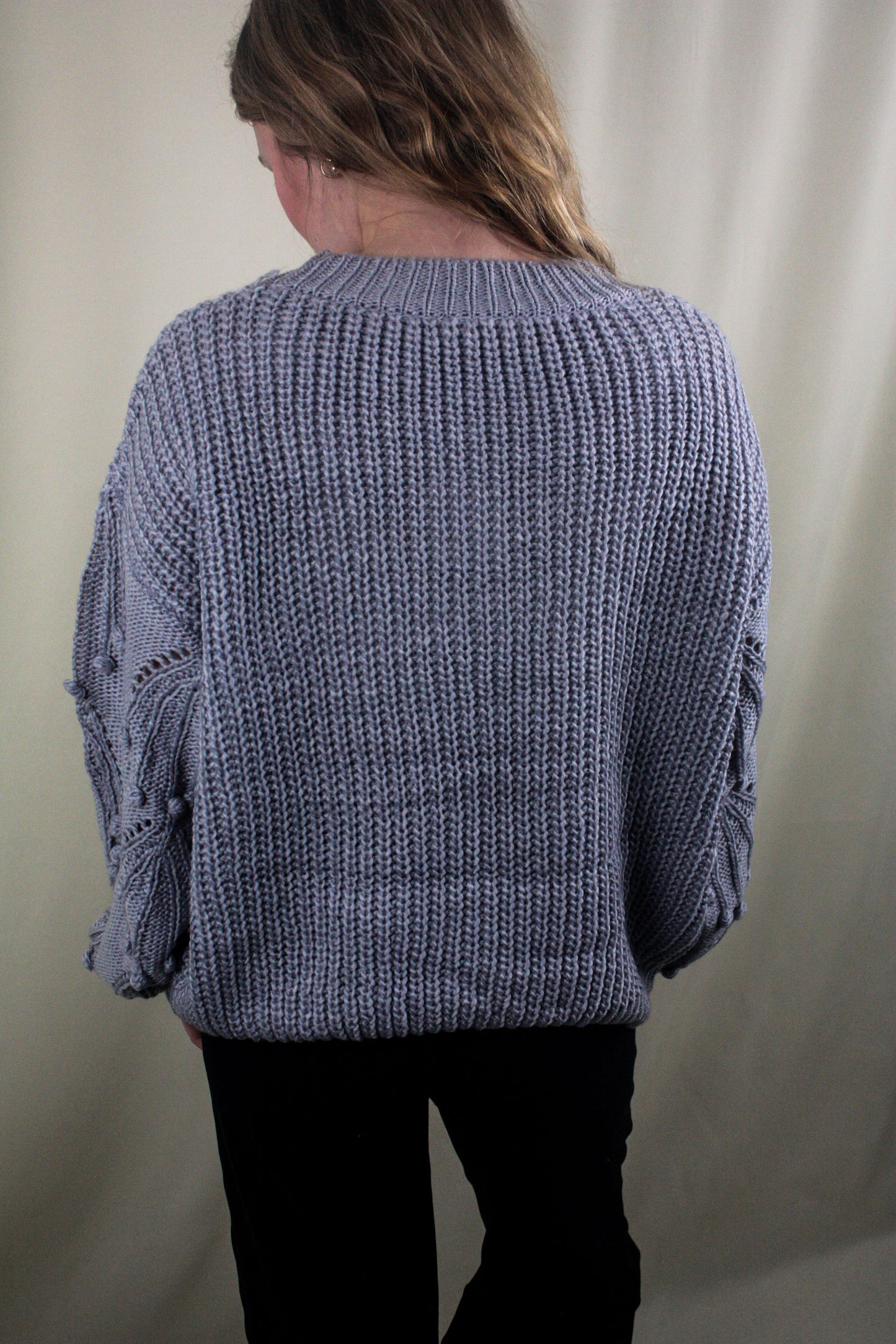 Knit Sweater with Pom Detail - Chambray