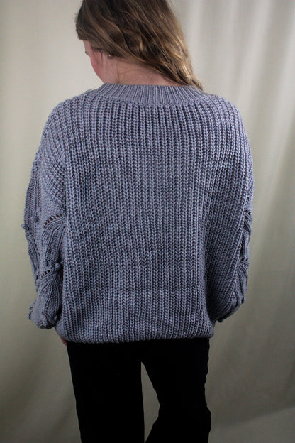 Knit Sweater with Pom Detail - Chambray