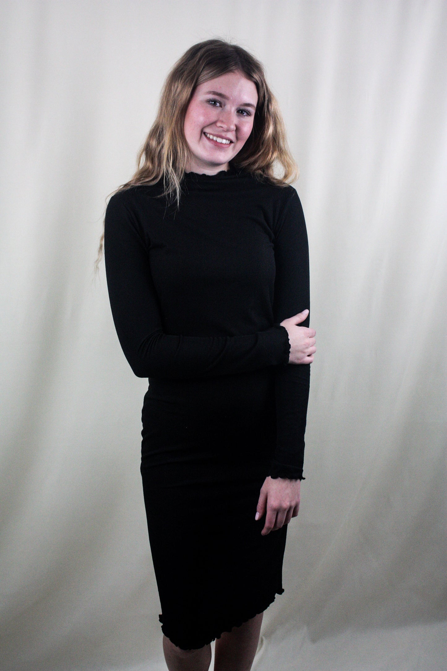 Mock Neck Merrow Detail Ribbed Midi Dress - Black