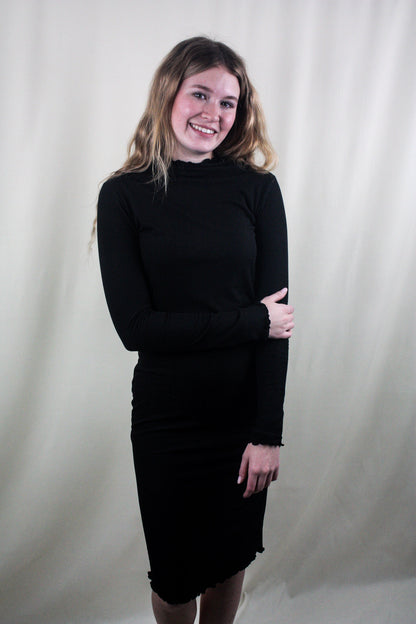 Mock Neck Merrow Detail Ribbed Midi Dress - Black