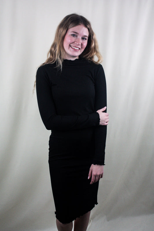 Mock Neck Merrow Detail Ribbed Midi Dress - Black