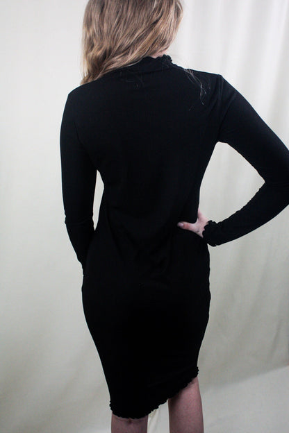 Mock Neck Merrow Detail Ribbed Midi Dress - Black