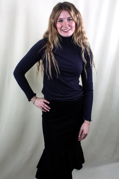 Ribbed Knit Mock Neck Long Sleeve Top - Navy