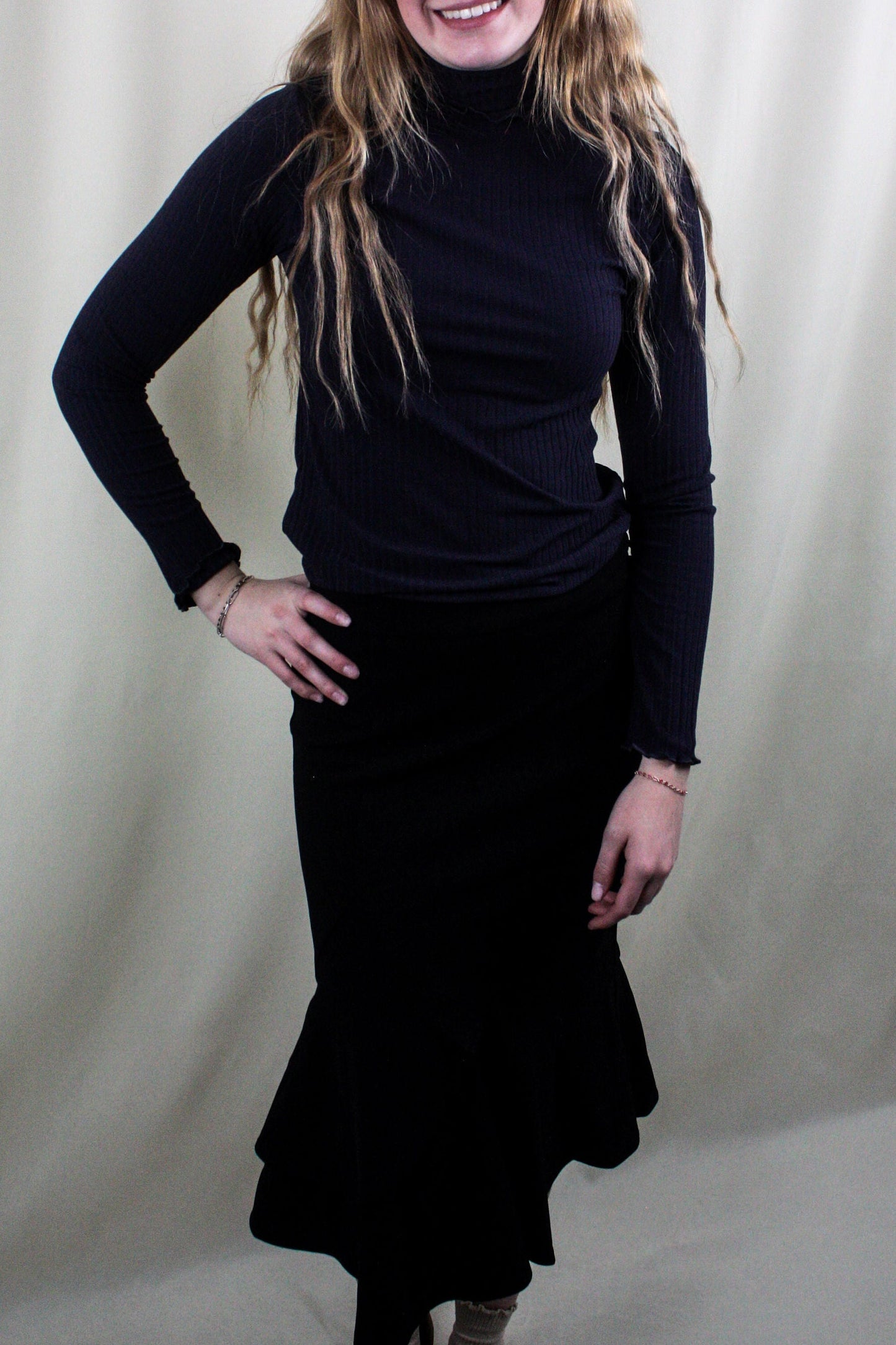 Crepe Midi Skirt with Ruffle - Black