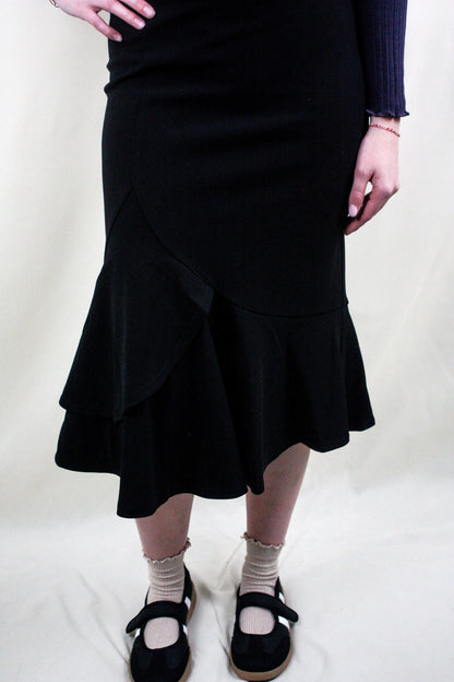 Crepe Midi Skirt with Ruffle - Black