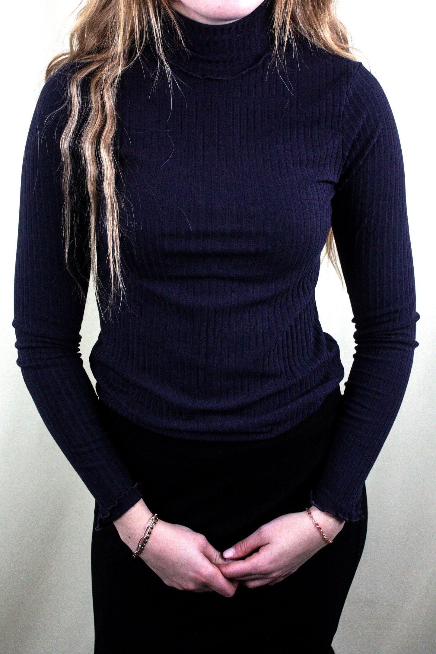 Ribbed Knit Mock Neck Long Sleeve Top - Navy