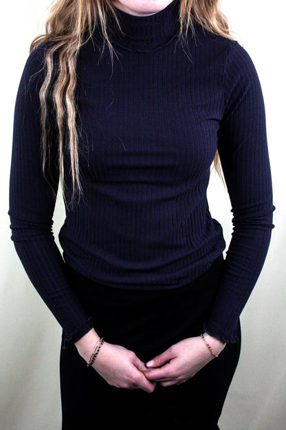 Ribbed Knit Mock Neck Long Sleeve Top - Navy