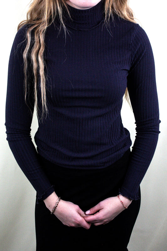 Ribbed Knit Mock Neck Long Sleeve Top - Navy
