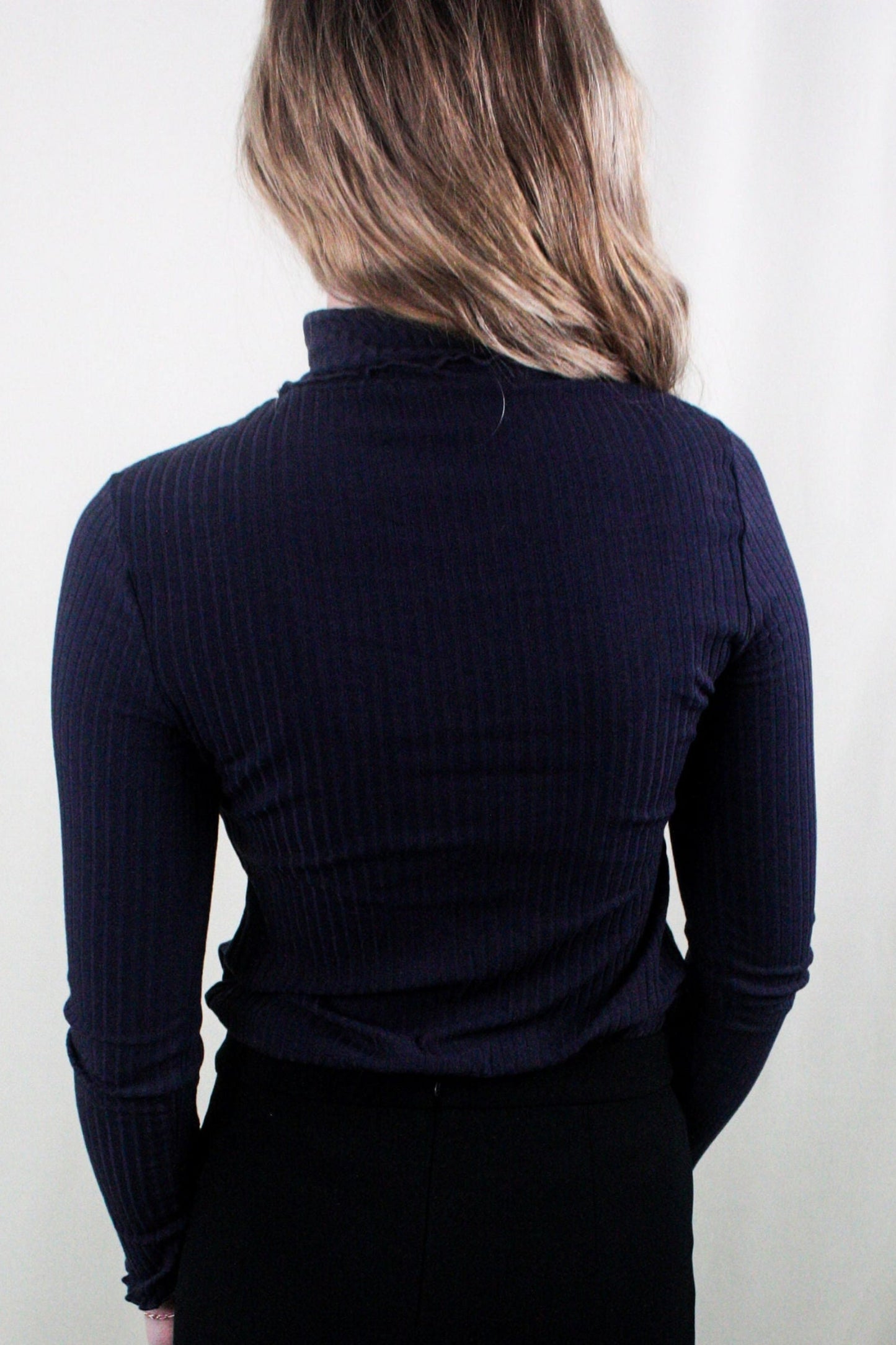 Ribbed Knit Mock Neck Long Sleeve Top - Navy