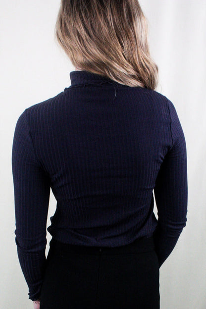 Ribbed Knit Mock Neck Long Sleeve Top - Navy