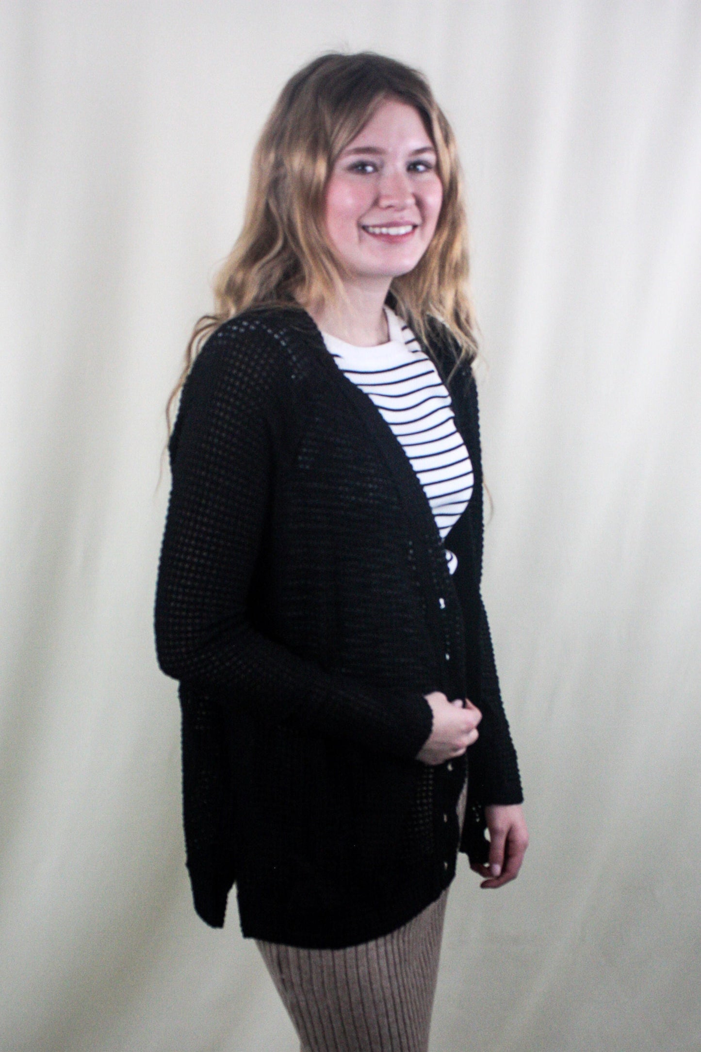 Waffle Knit Button Down Cardigan - Black
