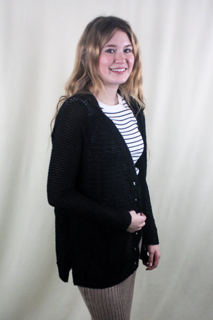 Waffle Knit Button Down Cardigan - Black