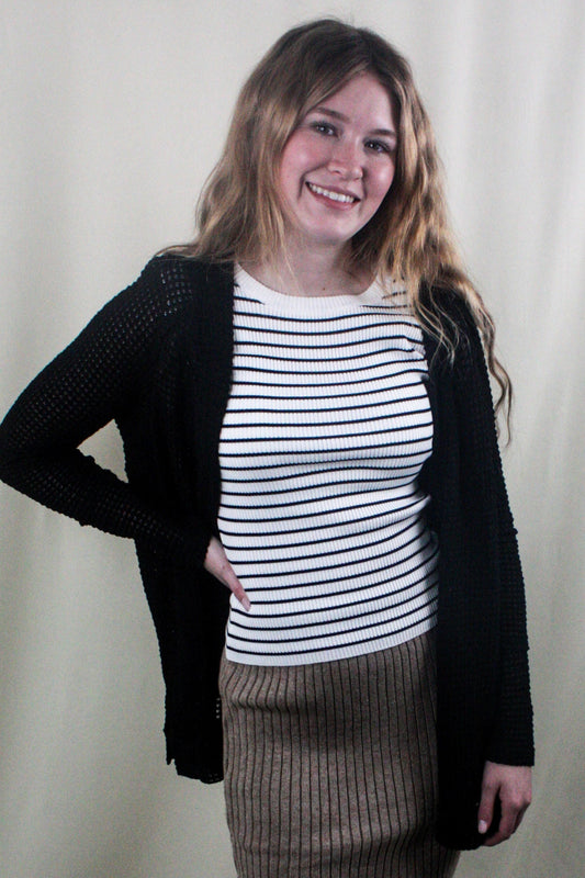 Waffle Knit Button Down Cardigan - Black