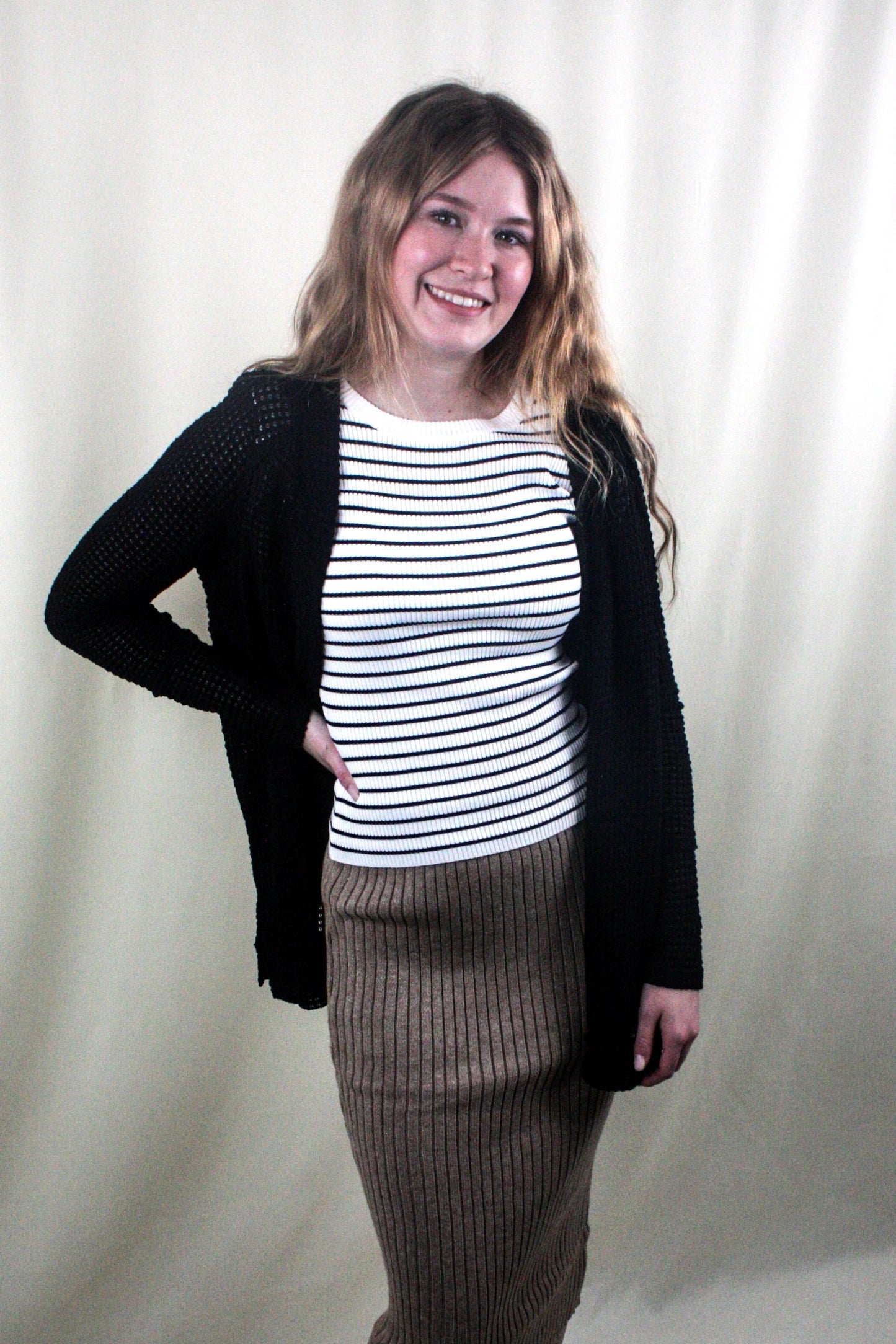Striped Ruffle Trim Sleeveless Sweater - Ivory
