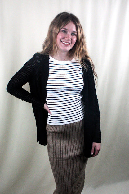 Striped Ruffle Trim Sleeveless Sweater - Ivory