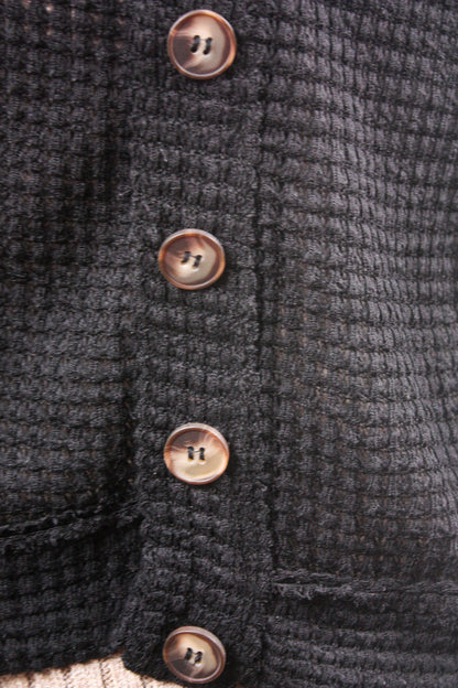 Waffle Knit Button Down Cardigan - Black