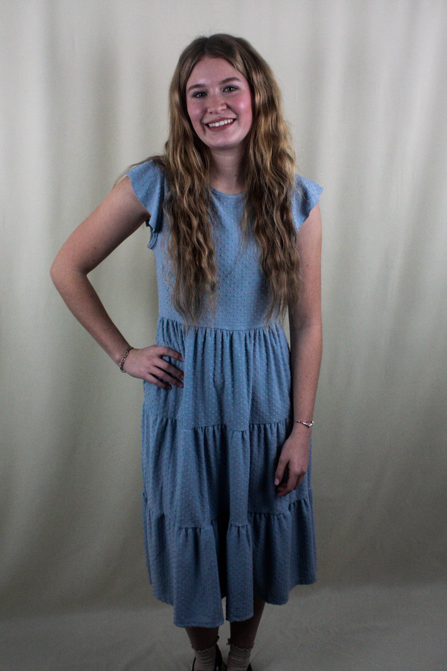 Swiss Dot Ruffle Cap Sleeve Tiered Dress - Light Blue