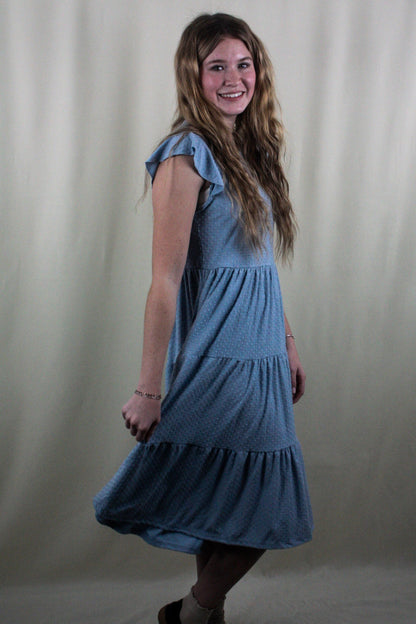 Swiss Dot Ruffle Cap Sleeve Tiered Dress - Light Blue