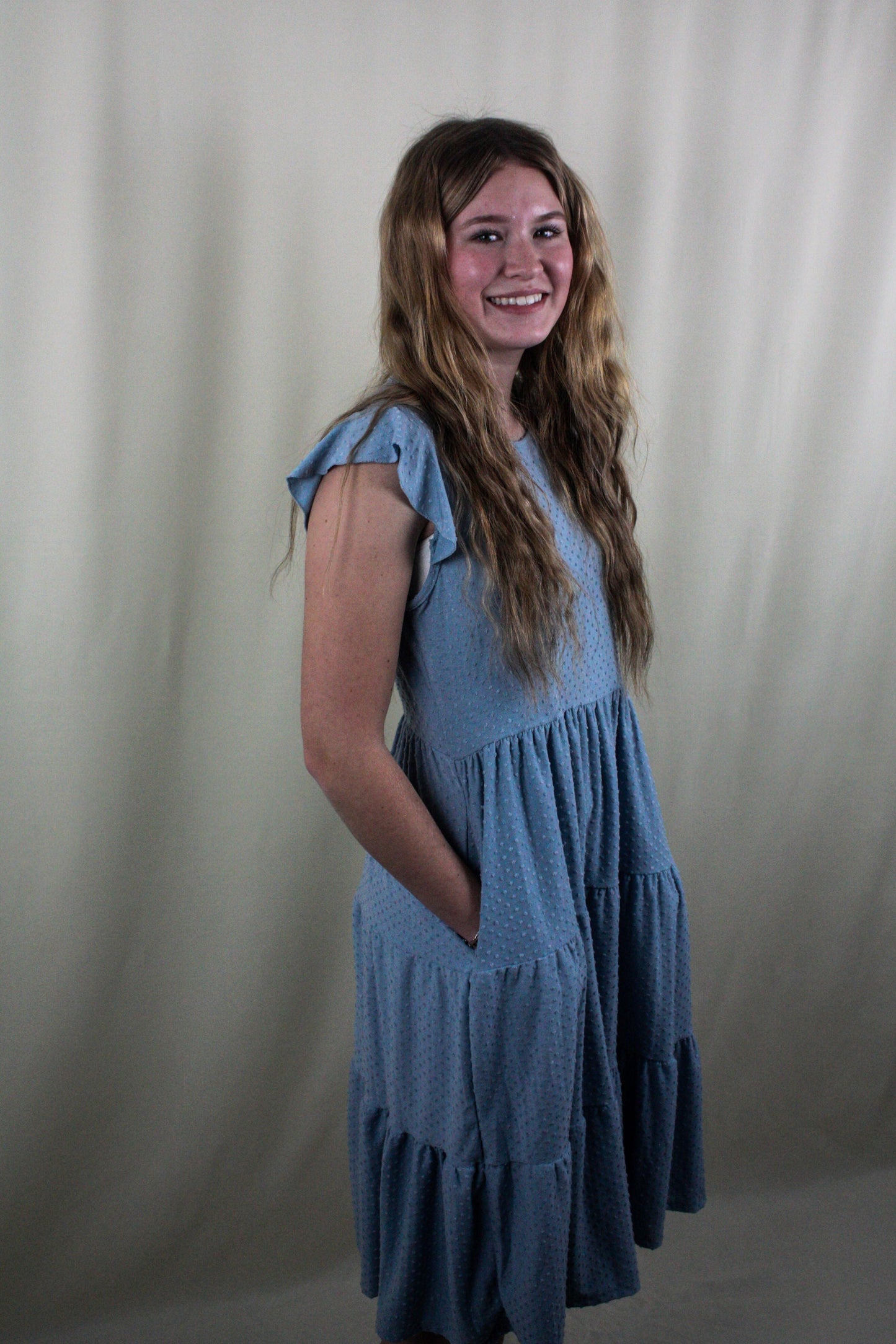 Swiss Dot Ruffle Cap Sleeve Tiered Dress - Light Blue