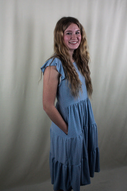 Swiss Dot Ruffle Cap Sleeve Tiered Dress - Light Blue