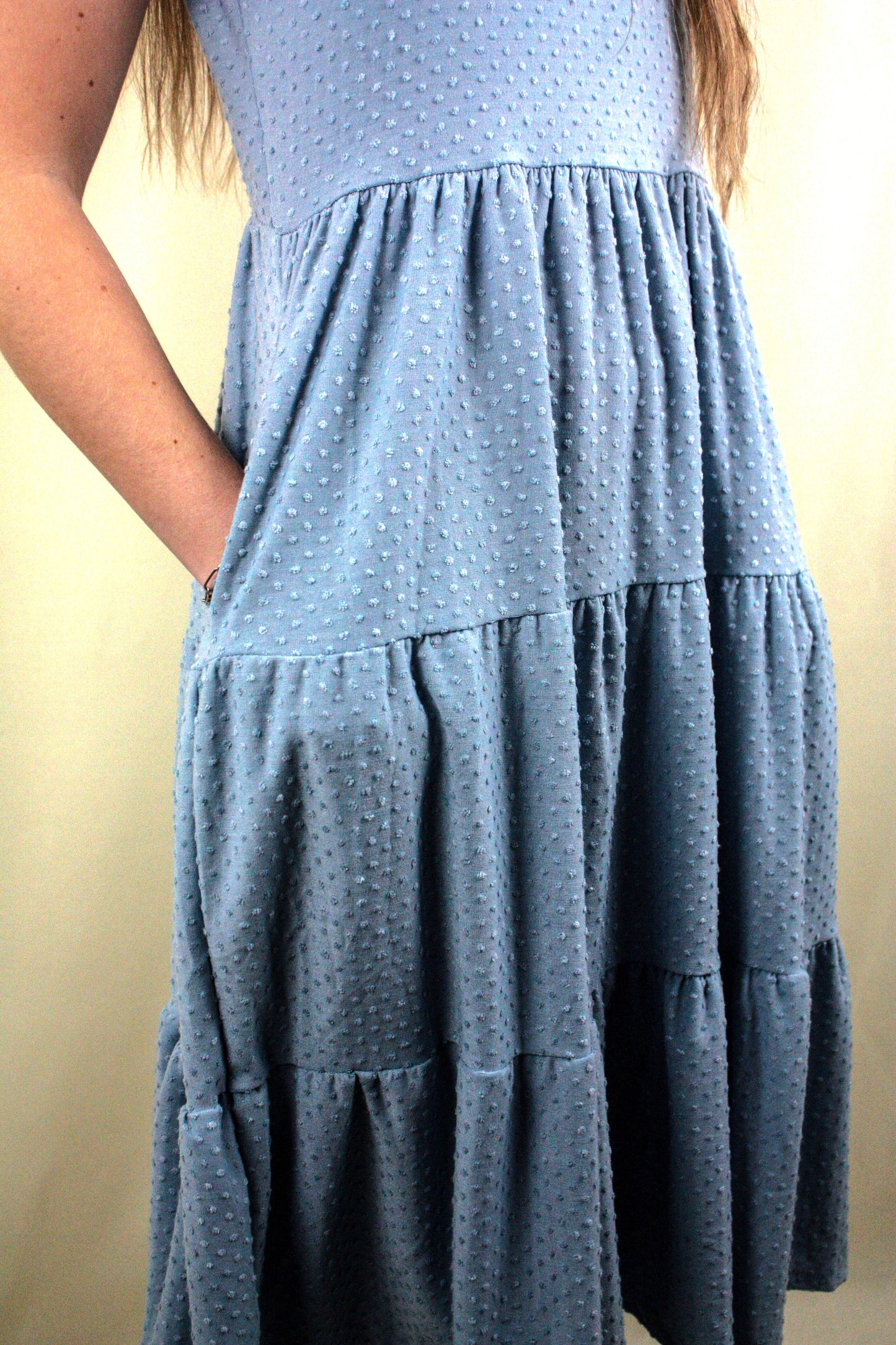 Swiss Dot Ruffle Cap Sleeve Tiered Dress - Light Blue