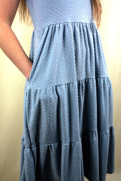 Swiss Dot Ruffle Cap Sleeve Tiered Dress - Light Blue