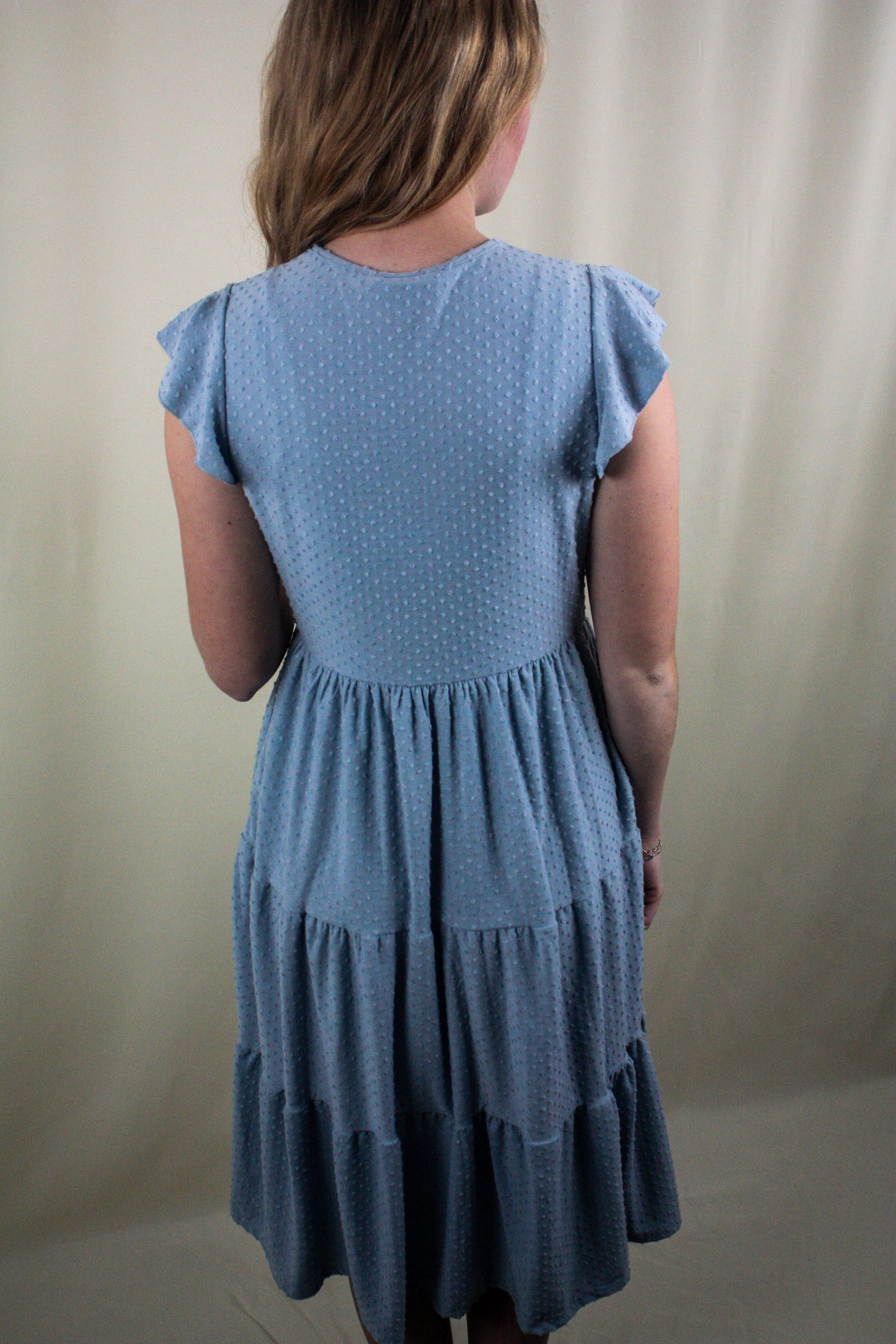 Swiss Dot Ruffle Cap Sleeve Tiered Dress - Light Blue